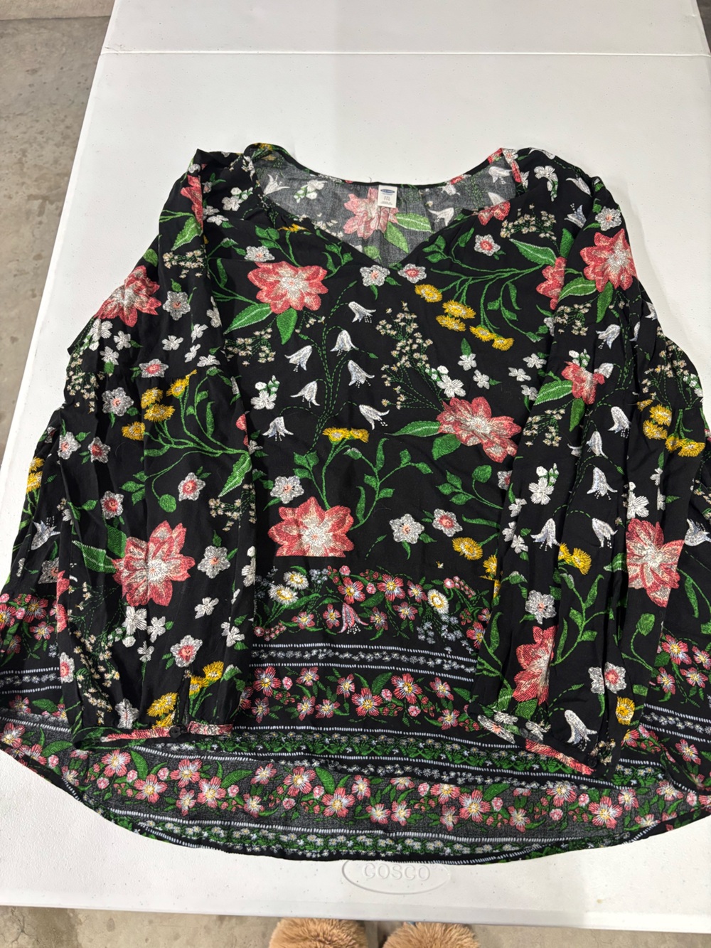 Old Navy Black Floral Peasant Blouse with Pink and Green Blooms